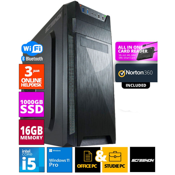 Intel Office PC - Intel Core i5 - 1TB NVME SSD - 16GB RAM - GTX 1650 - incluyendo Office Professional Plus 2021, Norton 360 y USB SD Card Reader