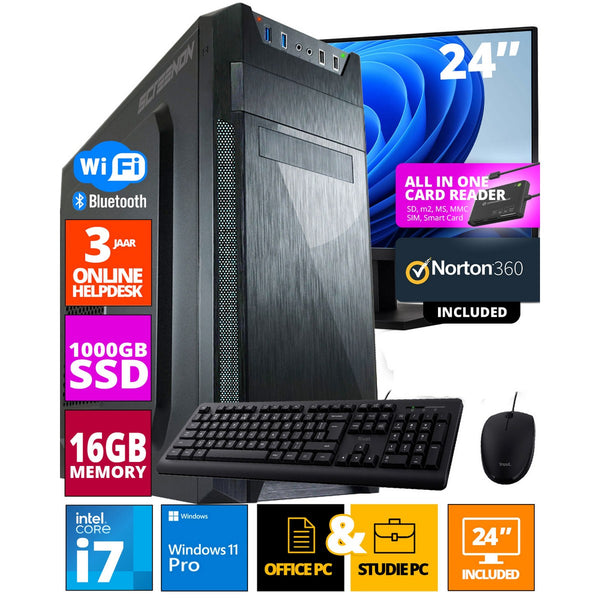 Conjunto de PC do Office da Intel Office - Office PC - Monitor de 24 polegadas + Mouse + Teclado - incluindo Office Professional Plus 2021, Norton 360 & USB SD Card Reader