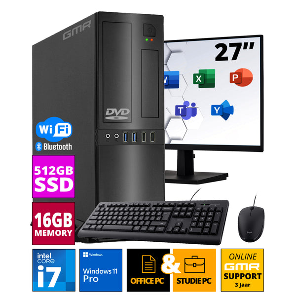 Intel Compleet Desktop SET | Intel Core i7 | 16 GB RAM | 512GB SSD | DVD+RW | Windows 11 Pro | 27 Inch Monitor + Muis & Toetsenbord